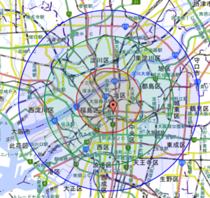 大阪駅から2.5km、5km、7kmの半径の行動範囲を示した地図